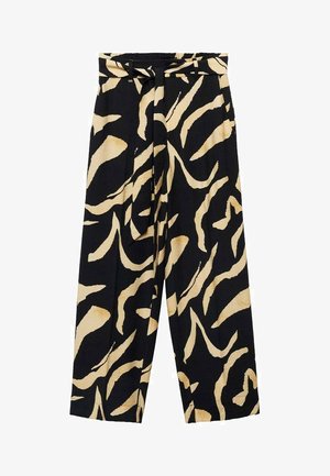 Zwarte en crèmekleurige wijde broek met een strikceintuur, voorzien van abstracte strepen en een gestructureerde stof. Inclusief zijzakken.