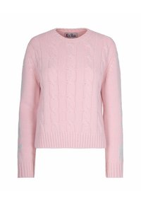 Maglione a misto rosa chiaro, lavorato a treccia, con maniche lunghe e polsini e orlo a costine, dotato di un collo rotondo e dettagli testuali sottili sulle maniche.