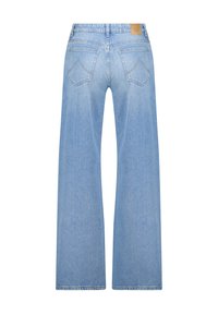 Light blue wide-leg jeans made of denim featuring a high waist, two back pockets with a curved stitch pattern, and a leather tag at the waist.