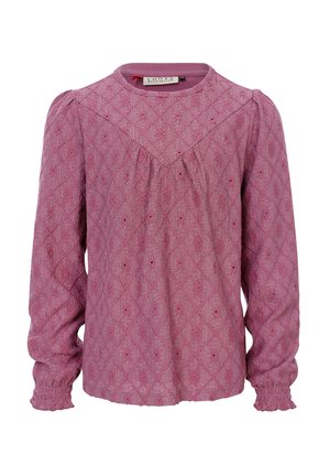 Roze blouse met lange mouwen, voorzien van een ruitpatroon, textuurstof, geplooide schouders en elastische manchetten. Ronde halslijn met een eenvoudig ontwerp.