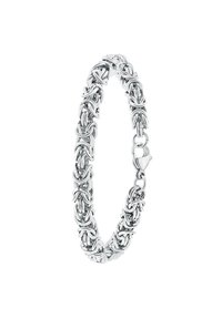 Silver bracelet featuring intertwined links, smooth texture, and a secure clasp. Reflects a polished and intricate chain design.