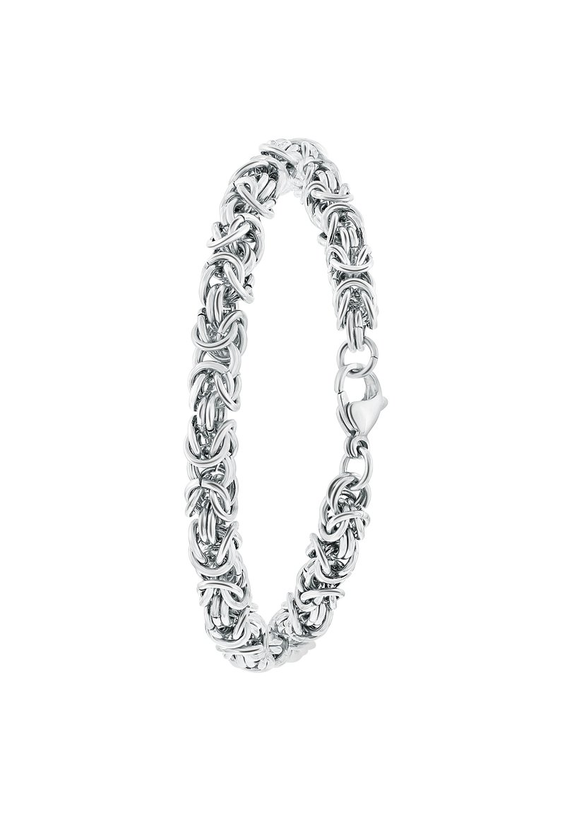 Silver bracelet featuring intertwined links, smooth texture, and a secure clasp. Reflects a polished and intricate chain design.