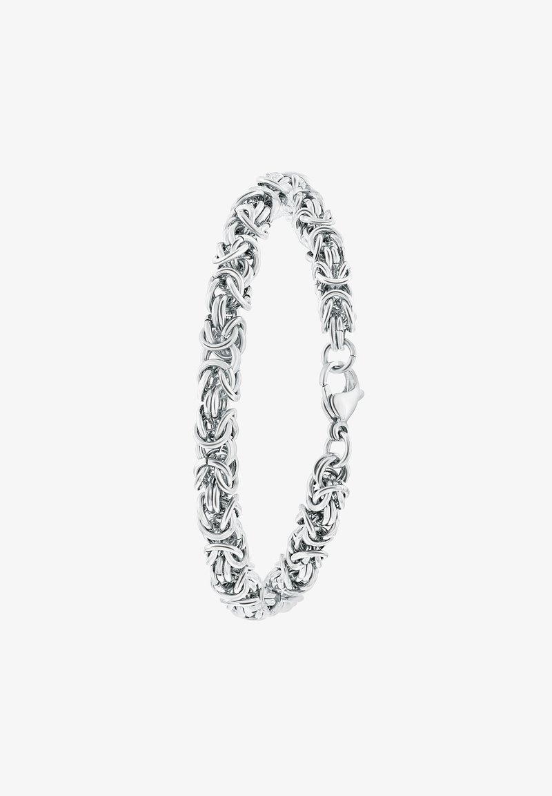Silver bracelet featuring intertwined links, smooth texture, and a secure clasp. Reflects a polished and intricate chain design.