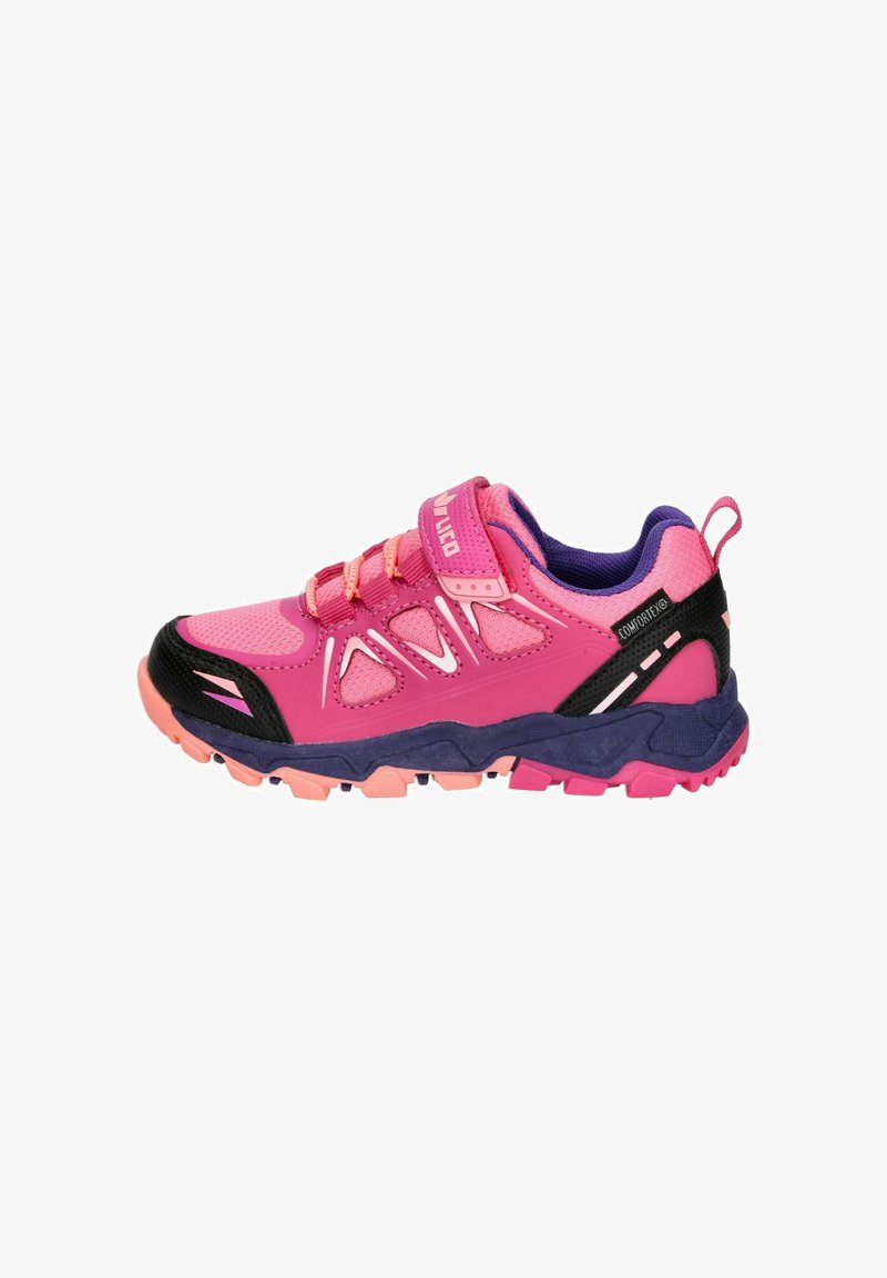 Pink-violetter Kindersportschuh mit Klettverschluss, Mesh-Einsätzen und robuster Sohle, entwickelt für Outdoor-Aktivitäten.