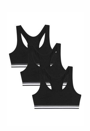 Tre sorte sports-bh'er med racerback-design, hver med et hvidt dobbelstribet bånd i bunden, lagret overlappende på en hvid baggrund.