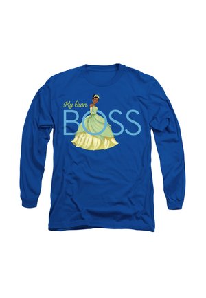 Long-sleeve blue t-shirt featuring a graphic of a princess in a yellow gown with the text "My Own BOSS" in green and light blue.