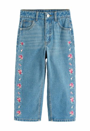 Blue denim jeans with pink floral embroidery running vertically along outer front legs, button and zip closure, front pockets, and belt loops.