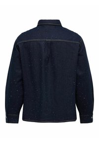 Denim jacket in dark blue with a snap button closure and long sleeves. Features a slightly textured surface adorned with small scattered accents.