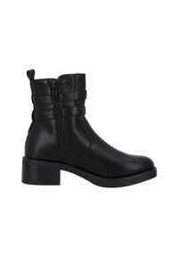 Schwarze Knöchelstiefel aus glattem Synthetikleder mit Reißverschluss, drei horizontalen Riemen und moderatem Blockabsatz.