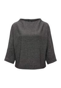 Zwart-witte top met een visgraatpatroon, wijd halslijn, driekwartmouwen en een losse pasvorm. Gestructureerde geweven stof.