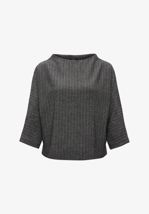 Zwart-witte top met een visgraatpatroon, wijd halslijn, driekwartmouwen en een losse pasvorm. Gestructureerde geweven stof.