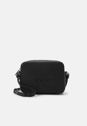 Black rectangular crossbody bag made of textured leather, featuring a zip closure and embossed brand logo on the front. Adjustable strap included.