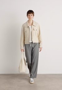 Veste beige courte avec poches avant, associée à un pantalon large rayé gris. Le modèle porte un sac beige et des baskets argentées.