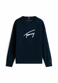 Maglione a maniche lunghe blu navy con colletto a girocollo, con la scritta "Tommy" ricamata in bianco sul petto e un piccolo logo a bandiera sul polsino sinistro.