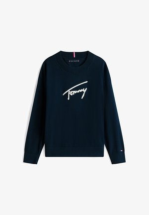 Maglione a maniche lunghe blu navy con colletto a girocollo, con la scritta "Tommy" ricamata in bianco sul petto e un piccolo logo a bandiera sul polsino sinistro.