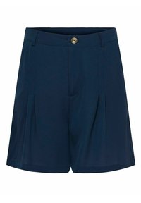 Granatowe szorty wykonane z tkaniny o fakturze, z zapięciem na guzik, bocznymi kieszeniami i plisowanym wzorem dla dodatkowego stylu i komfortu.