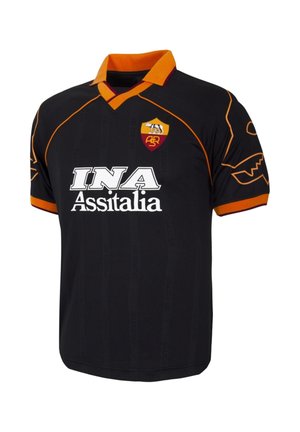 Zwart voetbalshirt met oranje accenten, v-hals ontwerp, korte mouwen, met witte "INA" en "Assistalia" tekst, en een logo op de borst.