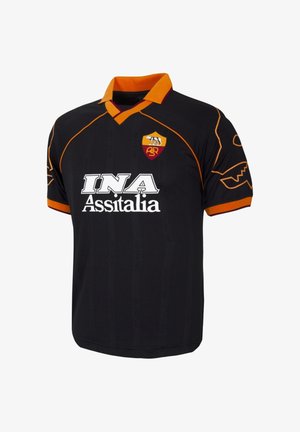 Zwart voetbalshirt met oranje accenten, v-hals ontwerp, korte mouwen, met witte "INA" en "Assistalia" tekst, en een logo op de borst.