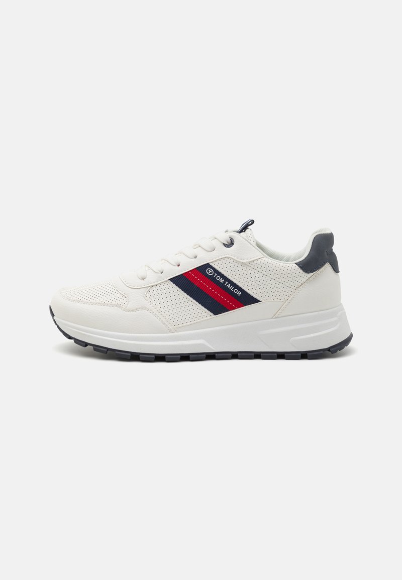 White athletic shoes with a textured mesh upper, navy and red stripes, padded collar, and a black rubber sole for traction.