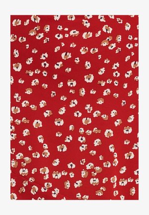 Raudona medžiaga su išsibarstytu gėlių raštu kremine ir šviesiai ruda spalva, kurioje yra mažų, netaisyklingų formų ir tamsiai mėlynų akcentų. Minkšta tekstūra.