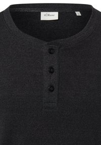 Dark gray henley shirt made of ribbed fabric with a crew neckline, three black buttons, and s.Oliver label at the neck.