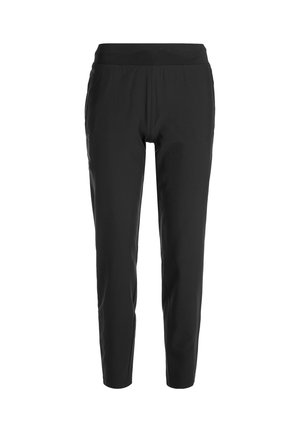 Pantalons noirs fuselés avec une taille élastique, présentant une texture lisse et un design minimaliste. Matériau léger pour le confort.