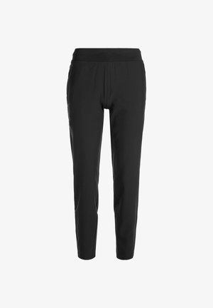 Pantaloni neri a sigaretta con cintura elastica, caratterizzati da una superficie liscia e un design minimalista. Materiale leggero per il massimo comfort.