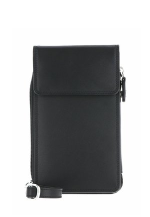 Schwarze rechteckige Leder-Umhängetasche mit Klappverschluss, seitlicher Reißverschlusstasche und verstellbarem Riemen mit silberner Schnalle.