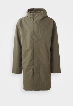 Olive green waterproof jacket with a hood, long sleeves, a straight cut, and concealed front closure. Smooth texture and minimalistic design.