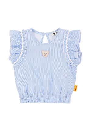 Blouse bébé rayée bleu et blanc avec manches courtes volantées et un petit visage d’ours en peluche brodé sur la poitrine. Ourlet élastique et fermeture par bouton au dos.