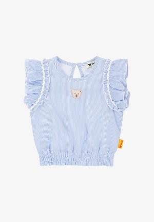 Blå-og-hvidstribet babybluse med flæseærmer og et lille broderet bamseansigt på brystet. Elastisk kant og knaplukning bagpå.