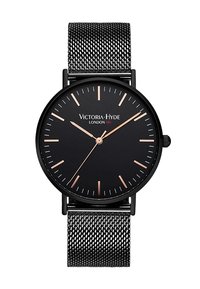 Černé náramkové hodinky s kulatým ciferníkem, růžově zlatými indexy a kovovým síťovým páskem. Obsahují minimalistický design s přehledně zobrazeným časem.