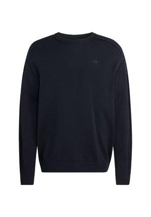 Granatowy sweter typu crewneck z dzianiny z prążkowanymi mankietami i dołem. Posiada subtelne logo na piersi oraz teksturowane detale po bokach.