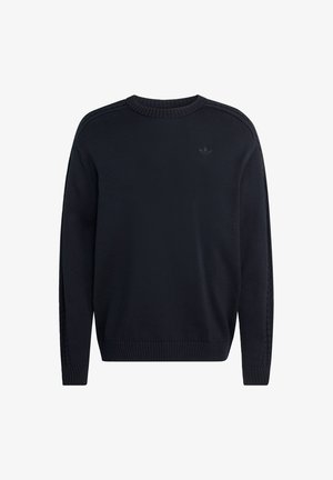 Navy knitted crewneck sweater with ribbed cuffs and hem. Features subtle branding on the chest and textured side panel details.
