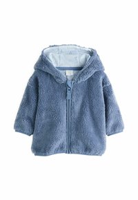 Vloezige blauwe hoodie met korte mouwen en een ritssluiting aan de voorkant. Zachte textuur en een lichterblauwe voering met een subtiel patroon.