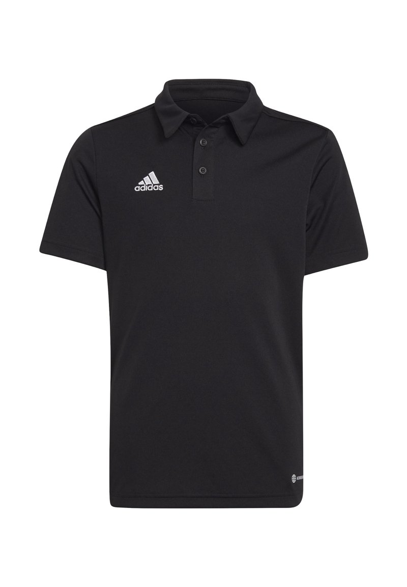 Czarna koszulka polo wykonana z miękkiego materiału. Posiada kołnierzyk, zapięcie na dwa guziki oraz białe logo Adidas na piersi.