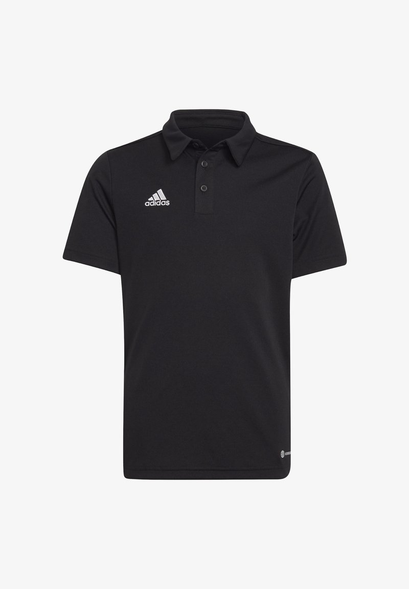 Czarna koszulka polo wykonana z miękkiego materiału. Posiada kołnierzyk, zapięcie na dwa guziki oraz białe logo Adidas na piersi.