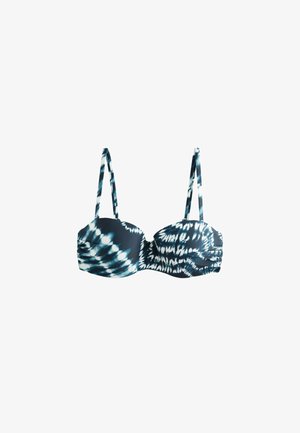 Haut de bikini à armatures avec un motif tie-dye bleu marine et blanc, doté de bretelles réglables et de tissu froncé sur les côtés.