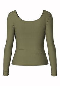 Olivgrünes Langarmoberteil mit gerippter Textur und Rundhalsausschnitt. Figurbetontes Design mit schmalen Ärmeln und glatter Oberfläche.