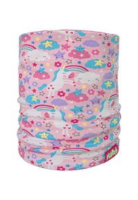 Tubo de cuello multicolor hecho de tela suave con un fondo rosa que presenta unicornios, nubes, arcoíris, estrellas y flores.