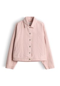 Veste en denim rose clair avec col, fermeture boutonnée à l'avant, manches longues et poches latérales fendu, présentée sur fond blanc.