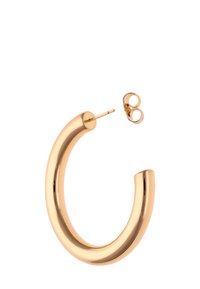 Cercei cerc din aur cu un design neted și curbat, dotat cu un sistem de prindere și un spate sigur, evidențiind un finisaj metalic lustruit.