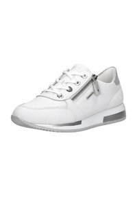 Weiße Ledersneaker mit glatter Oberfläche, runder Zehenpartie, Schnürverschluss vorne und silbernem Reißverschlussdetail an der Seite. Graue Akzente an der Ferse und der Sohle.