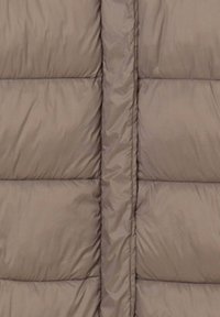 Giacca imbottita di colore marrone chiaro con design trapuntato. Presenta cuciture verticali e una texture liscia e lucida.