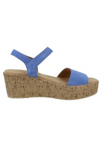 Blaue Wildleder-Wedge-Sandale mit einer Korkplattform, offen an der Zehe und mit Knöchelriemen, die sich hinten zur Unterstützung kreuzen.
