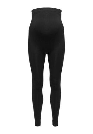 Leggings de maternité noirs taille haute, jambes longues, conçus pour s'étirer et soutenir un ventre de femme enceinte.