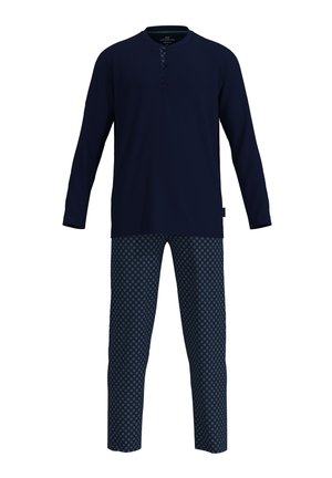 Navy long-sleeve top with a buttoned placket and patterned pajama pants featuring small white circles on a navy background.