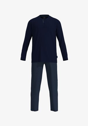 Marineblaues Langarmshirt mit Knopfleiste und gemusterten Schlafanzughosen mit kleinen weißen Kreisen auf marineblauem Hintergrund.