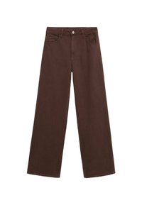 Pantalons larges marron en denim, dotés d'une fermeture à bouton, de passants de ceinture et de poches avant. Texture lisse avec une coloration uniforme.