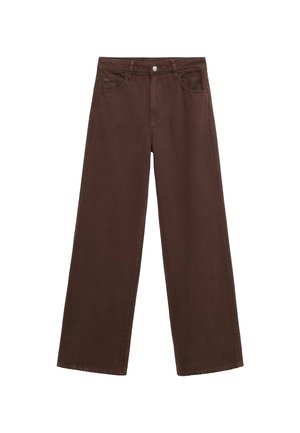 Pantalones de mezclilla marrones de pierna ancha, con cierre de botón, lazos para cinturón y bolsillos frontales. Textura suave con coloración uniforme.